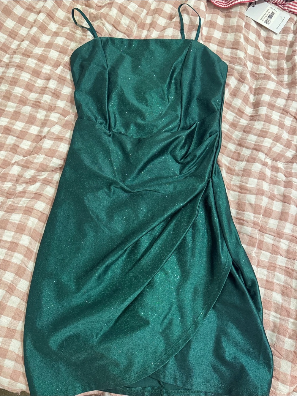 Honey and Rosie Dark Green Shimmery Spaghetti-Strap Mini Dress